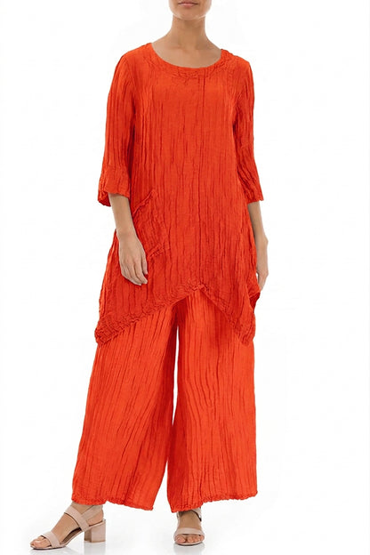 Asymmetrische gekreppte Tunika aus flammenoranger Seidenleinenmischung