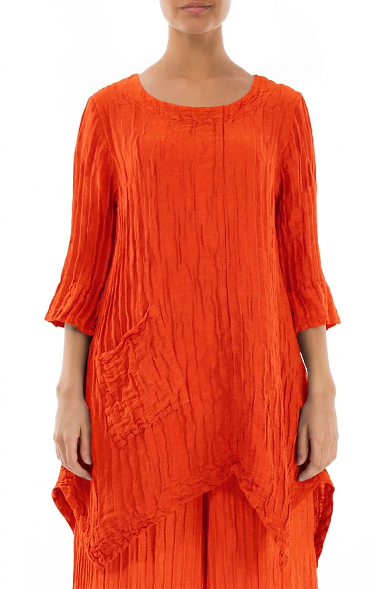 Asymmetrische gekreppte Tunika aus flammenoranger Seidenleinenmischung