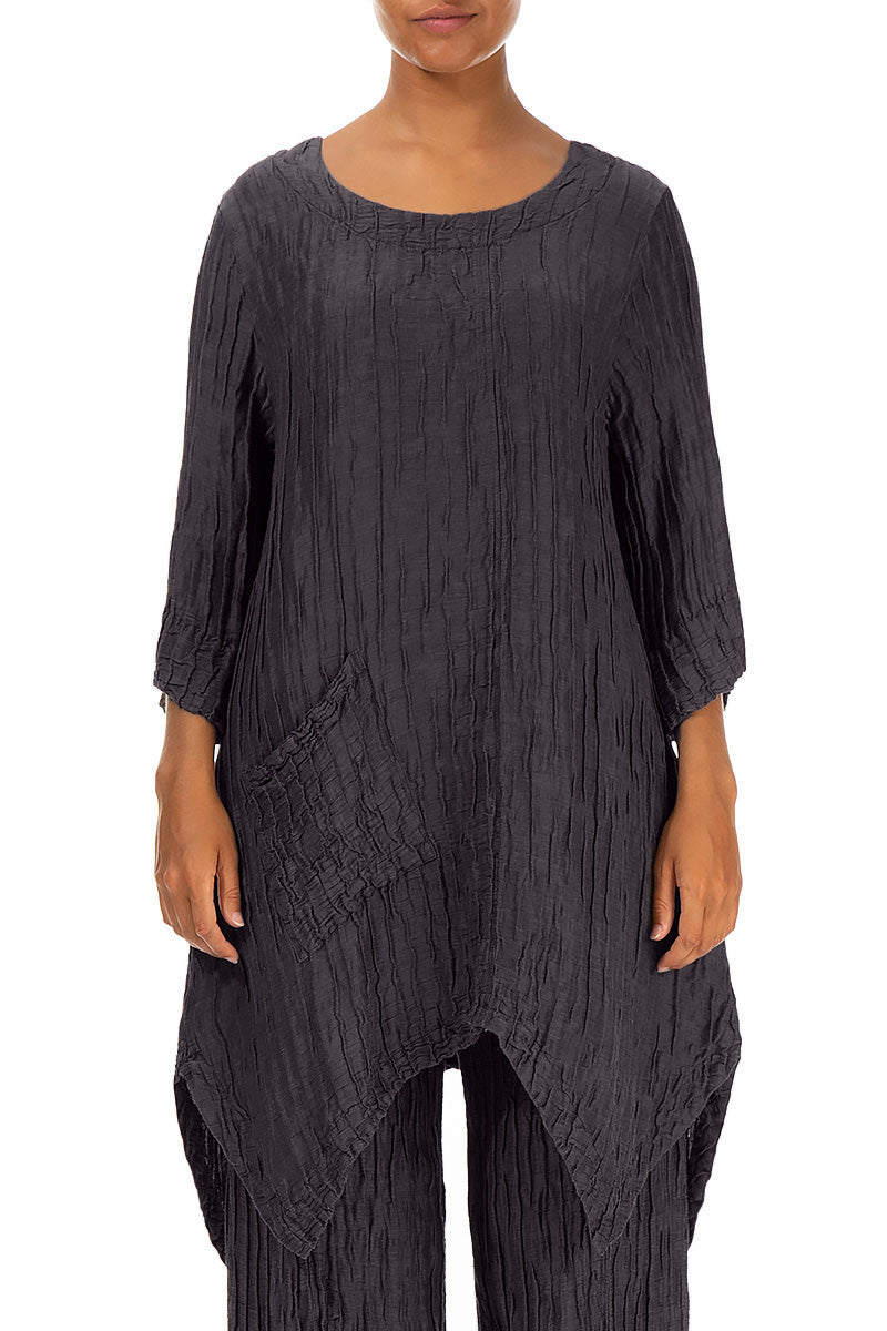 Asymmetric Crinkled Graphite Blue Silk Linen Tunic 1