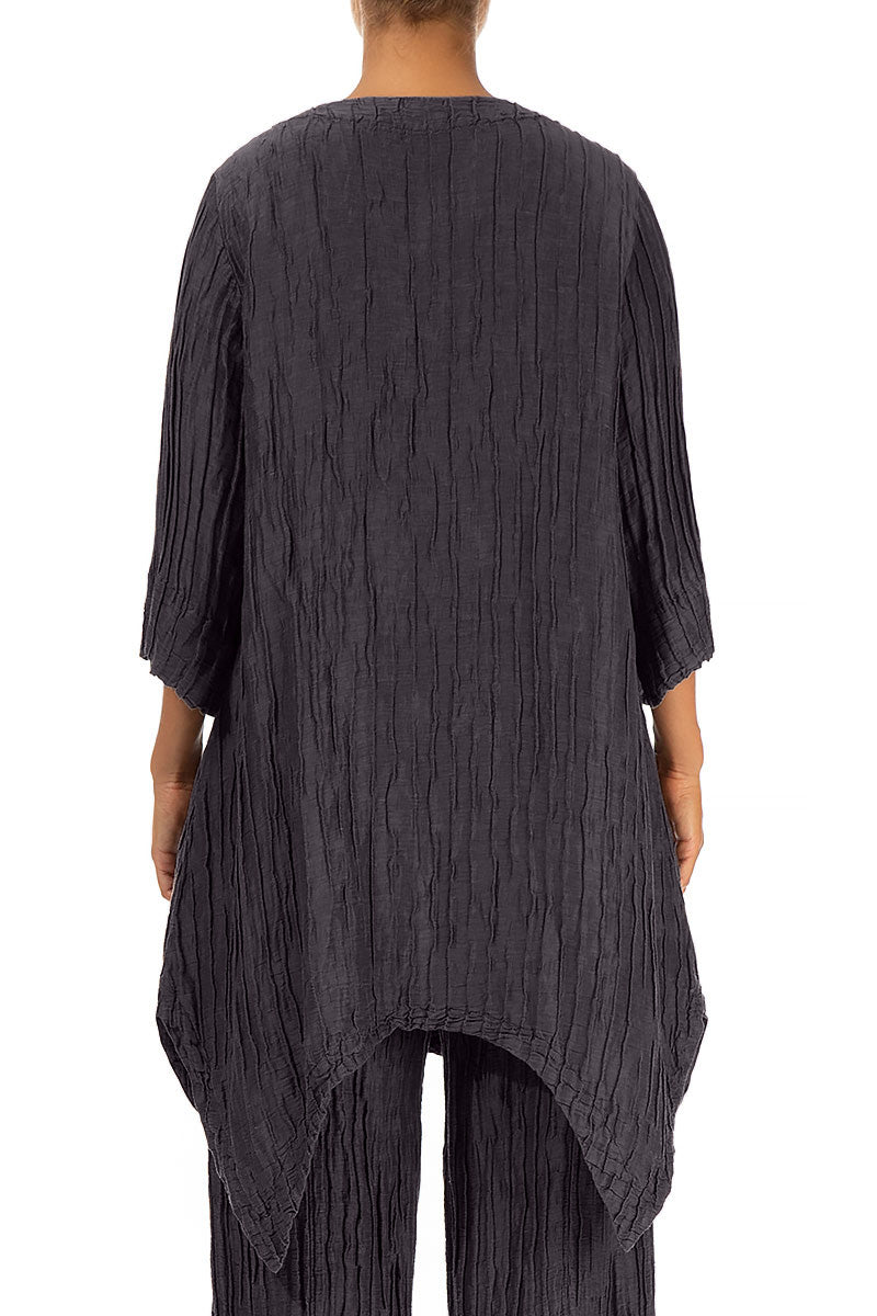 Asymmetric Crinkled Graphite Blue Silk Linen Tunic 2