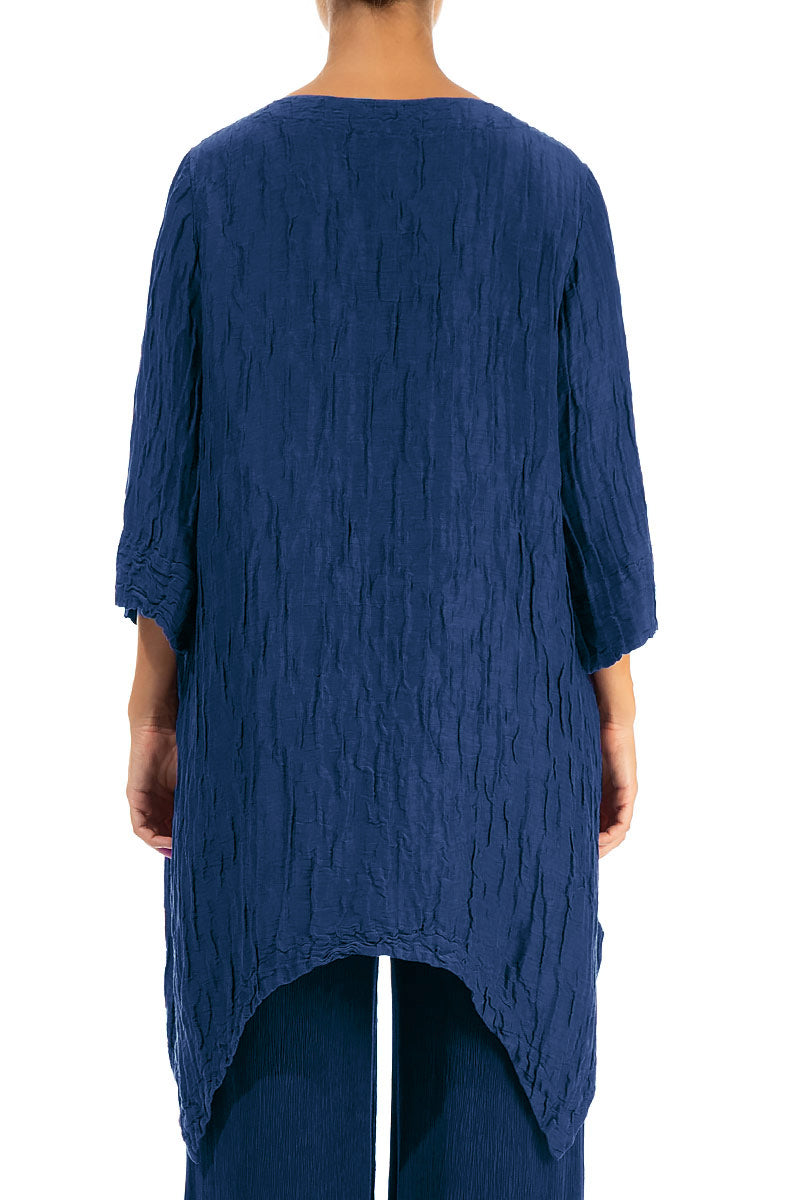 Asymmetric Crinkled Royal Blue Silk Linen Tunic 2