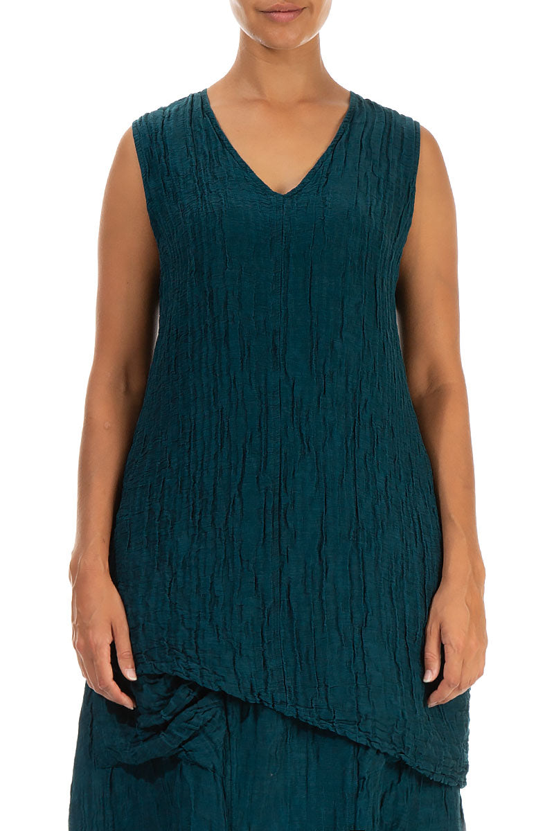 Asymmetric Crinkled Teal Silk Blouse 1