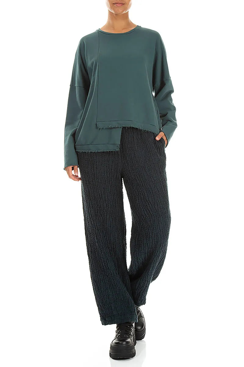 Asymmetric Deep Turquoise French Terry Cotton Blouse