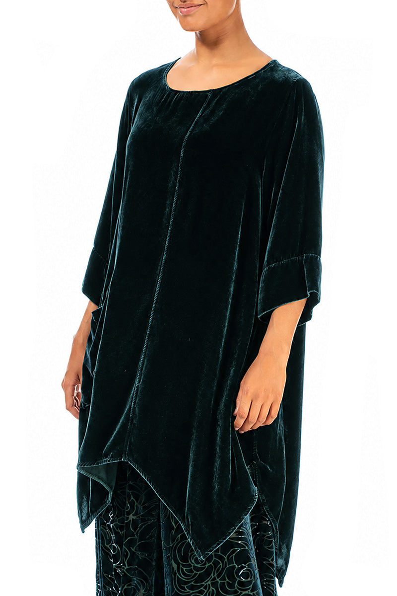 Asymmetric Deep Turquoise Silk Velvet Tunic 3