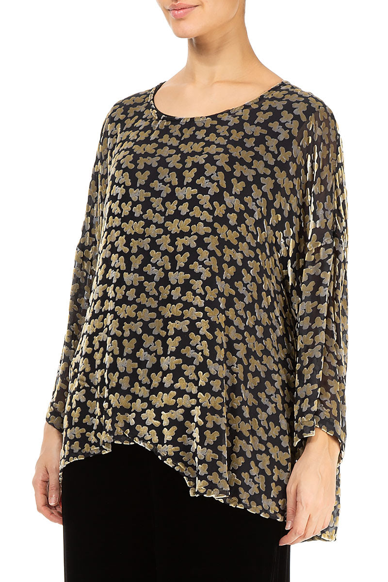 Asymmetric Devoré Petals Gold Silk Velvet Blouse 3