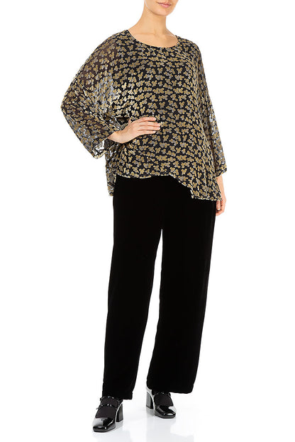 Asymmetric Devoré Petals Gold Silk Velvet Blouse 4