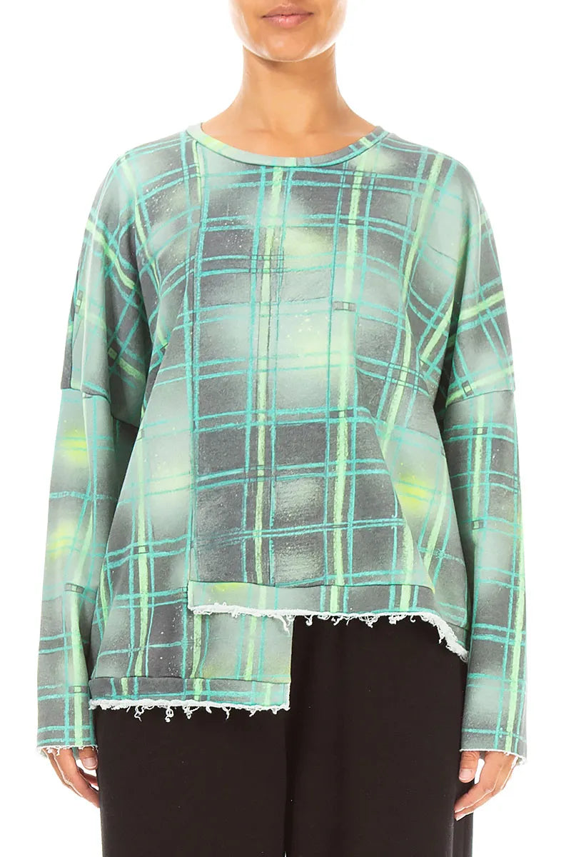 Blouse en coton French Terry à motif quadrillé asymétrique couleur émeraude
