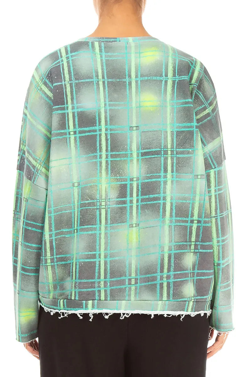 Blouse en coton French Terry à motif quadrillé asymétrique couleur émeraude