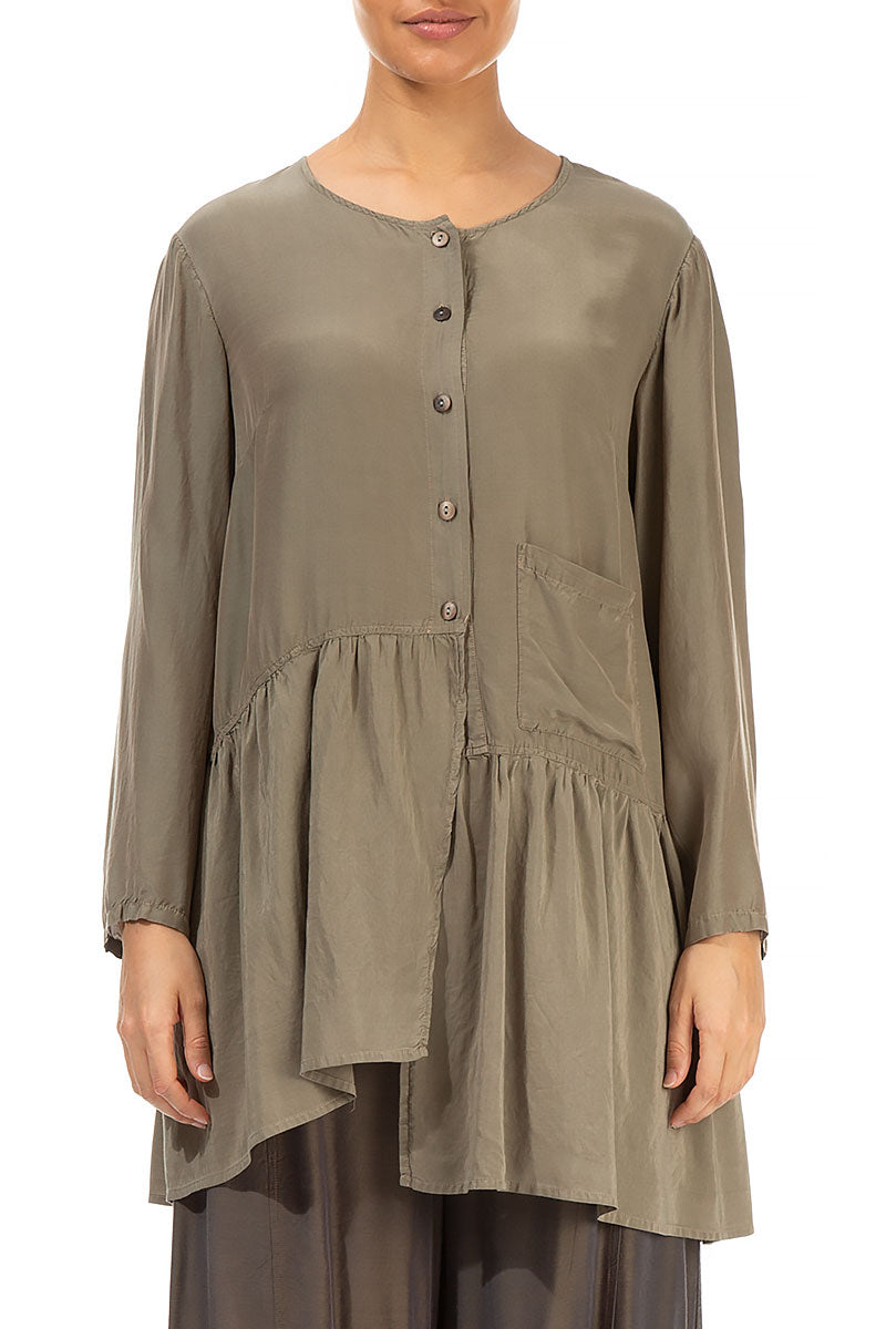 Asymmetric Light Khaki Silk Bamboo Blouse 1