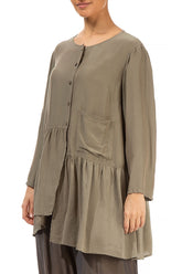 Asymmetric Light Khaki Silk Bamboo Blouse 3