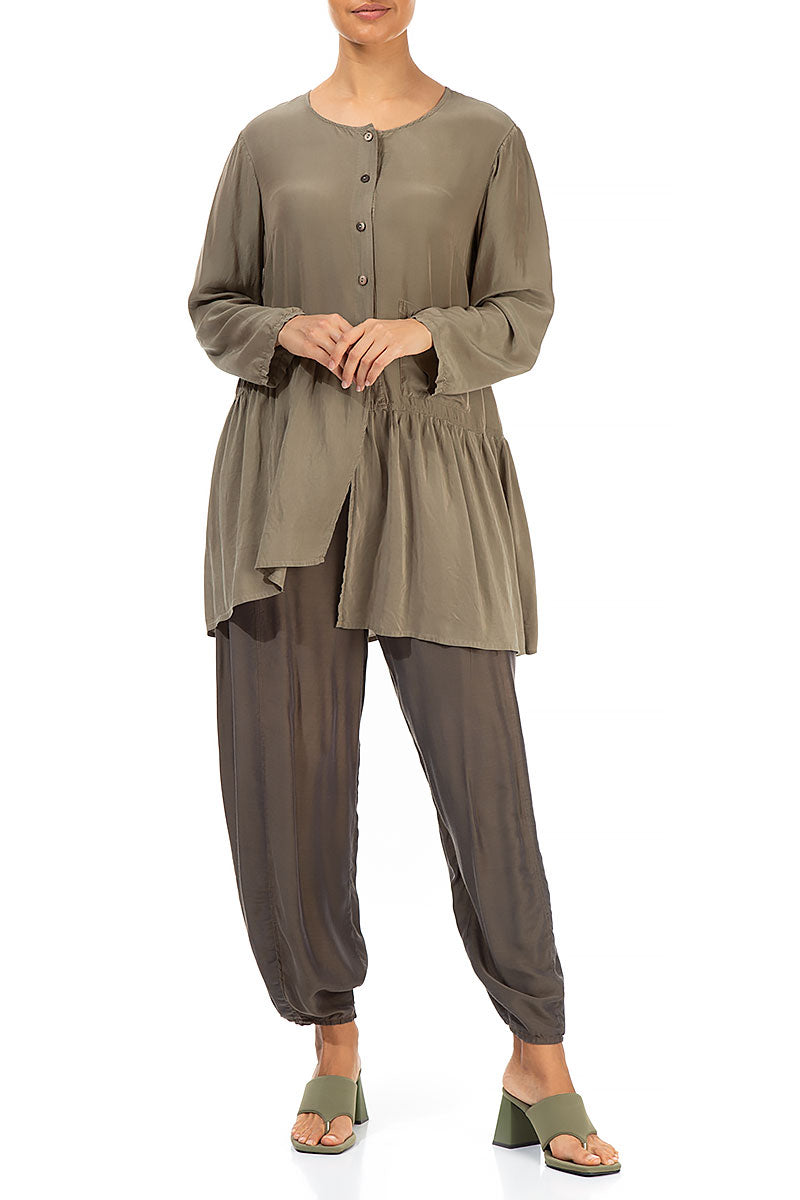 Asymmetric Light Khaki Silk Bamboo Blouse 4