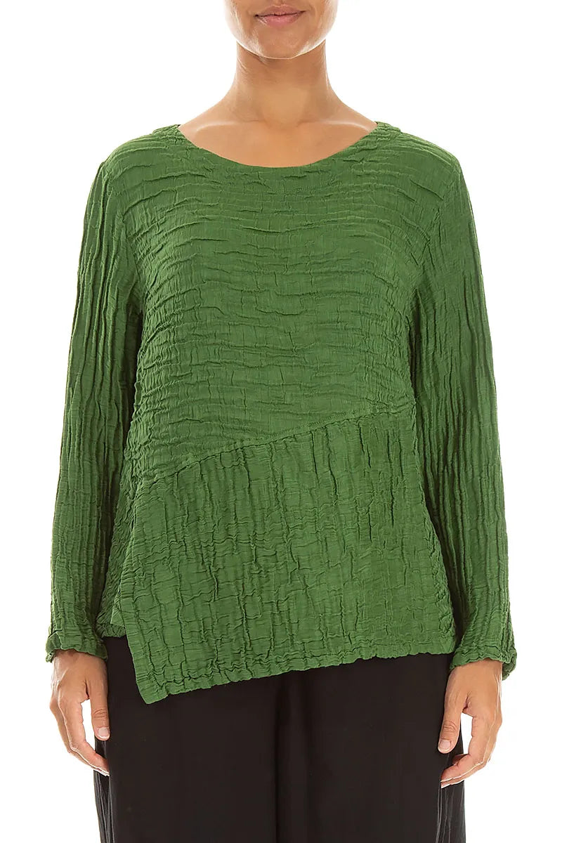Asymmetric Shamrock Green Crinkled Silk Linen Blouse 1