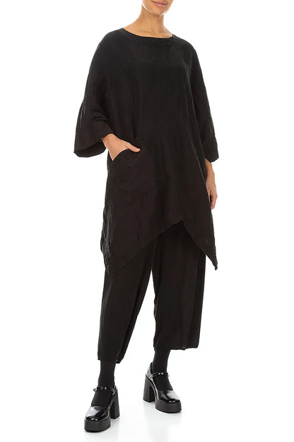 Asymmetric Textured Black Silk Linen Tunic 4