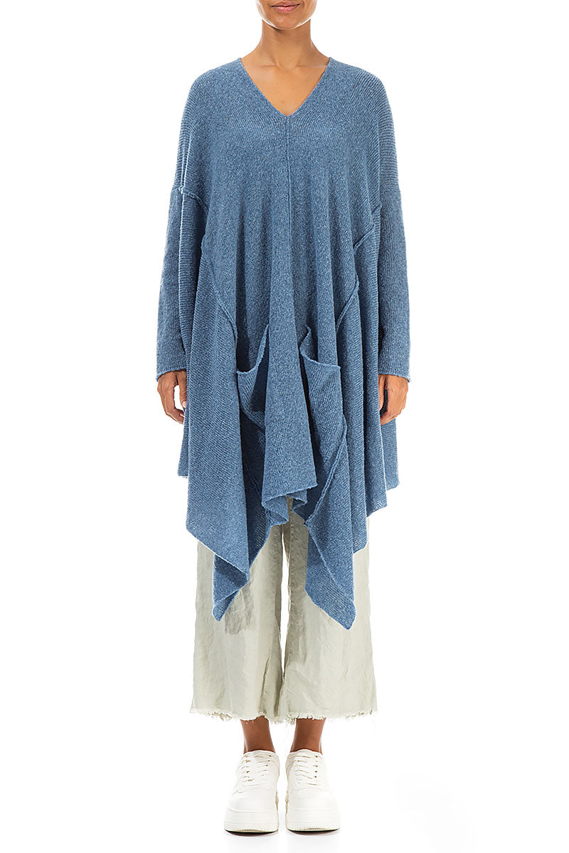 Asymmetric V-Neck Petrol Blue Wool Jumper