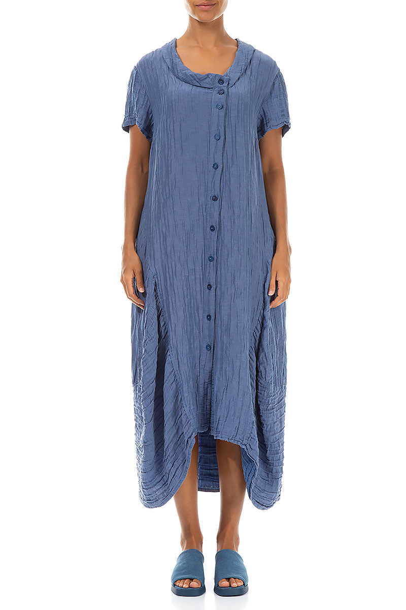 Buttoned Balloon Crinkled Blue Nova Silk Dress 1