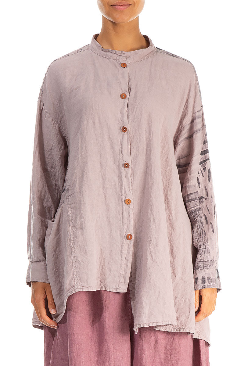 Asymmetrical Greige Printed Back Linen Shirt 1