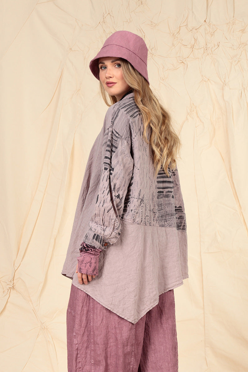 Asymmetrical Greige Printed Back Linen Shirt 6