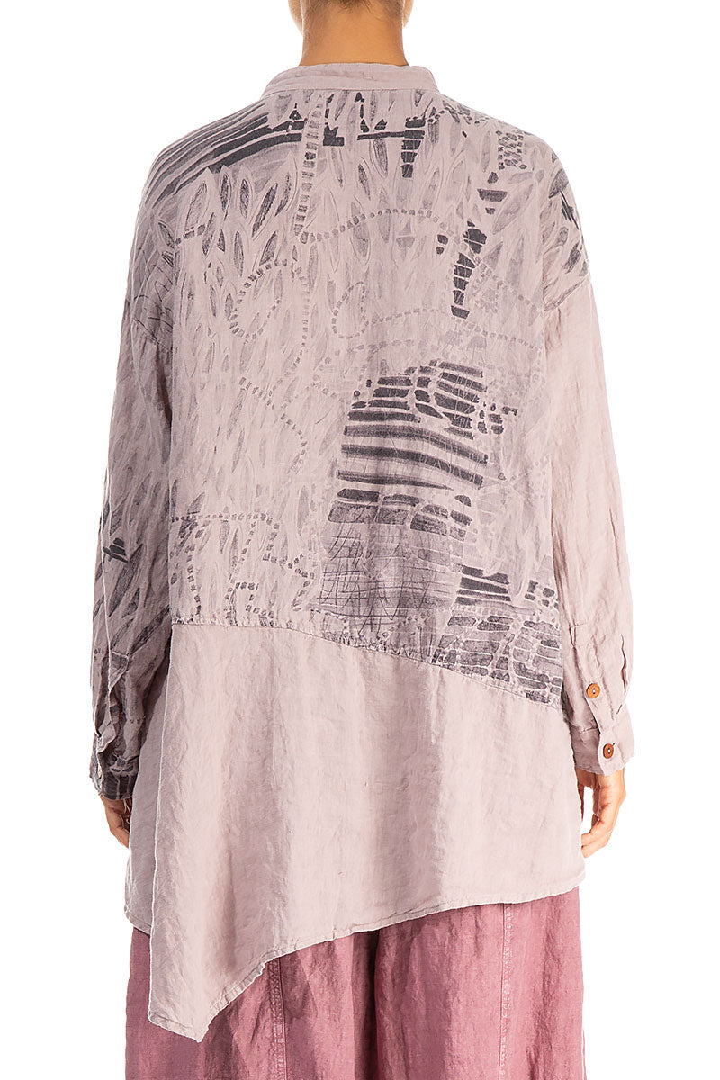 Asymmetrical Greige Printed Back Linen Shirt 2