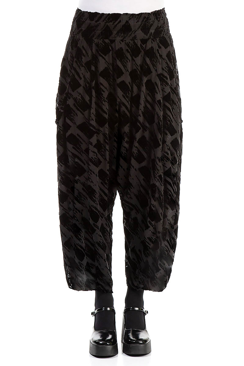 Baggy Loose Devoré Brush Black Silk Velvet Trousers