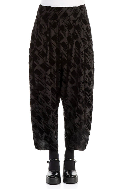 Baggy Loose Devoré Brush Black Silk Velvet Trousers