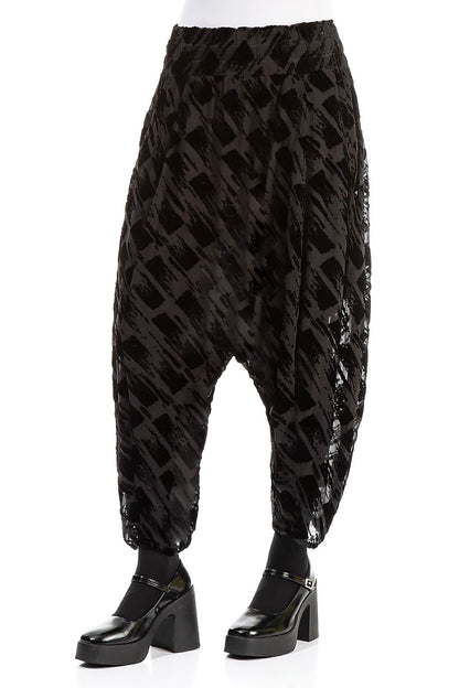 Baggy Loose Devoré Brush Black Silk Velvet Trousers