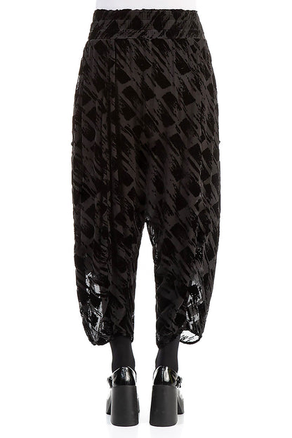 Baggy Loose Devoré Brush Black Silk Velvet Trousers