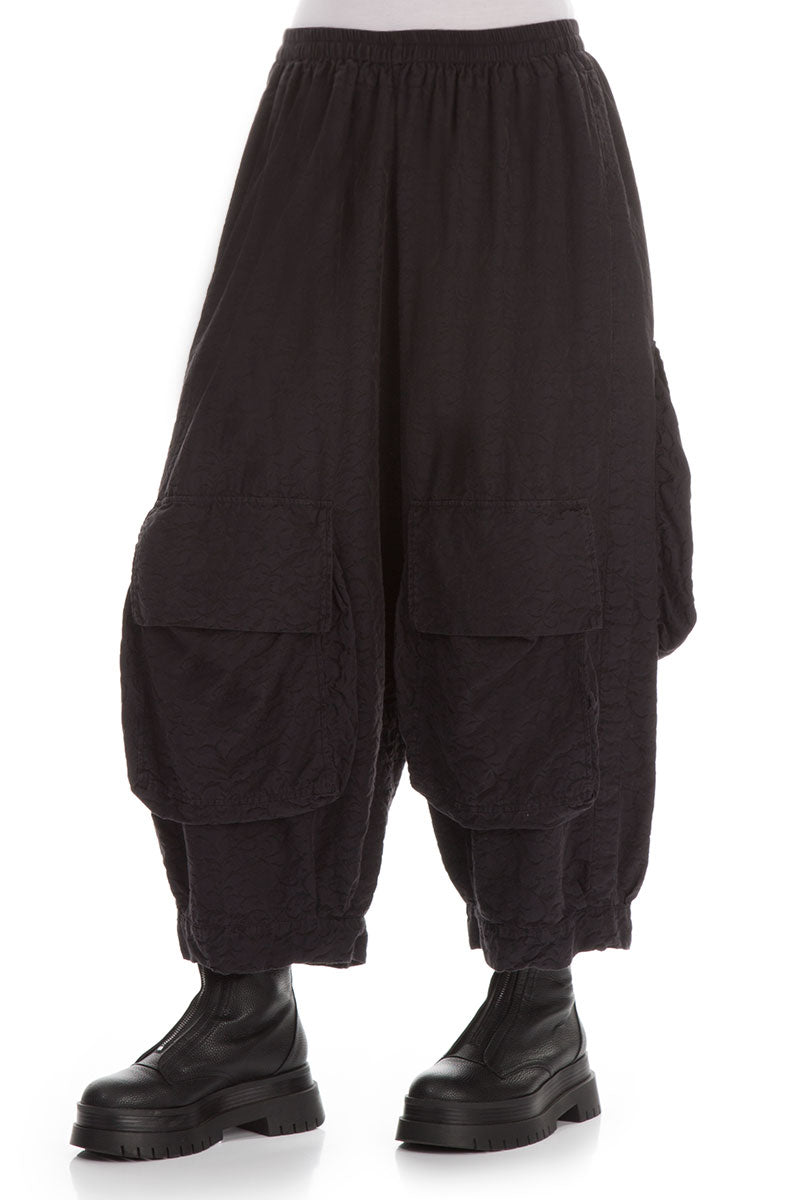 Baggy Ornamented Black Silk Cotton Trousers