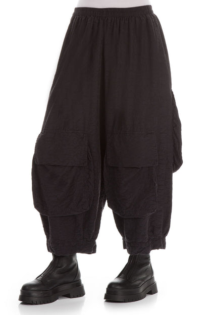Baggy Ornamented Black Silk Cotton Trousers