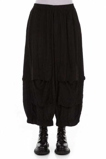 Baggy Pockets Black Silk Bamboo Trousers