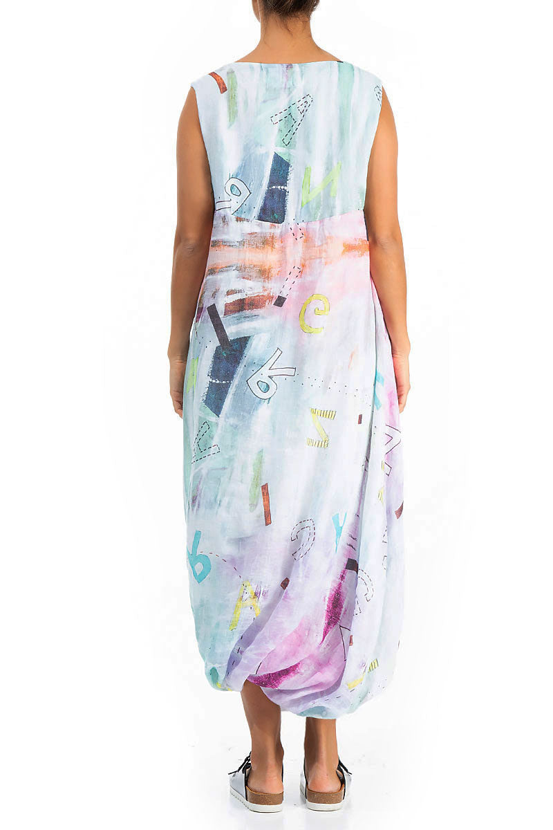 Balloon Hem Graffiti Gauze Linen Dress 2