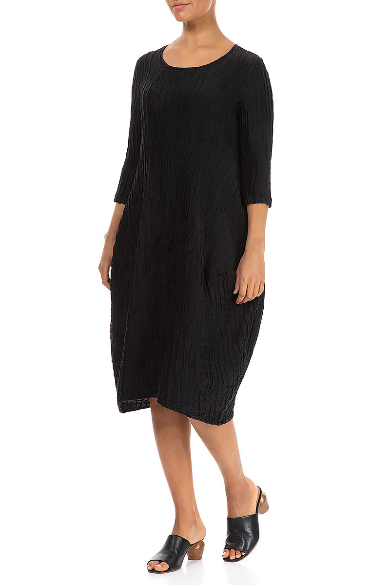 Balloon Crinkled Black Silk Linen Dress 3
