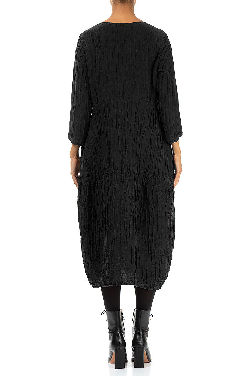 Balloon Crinkled Black Silk Linen Dress 2