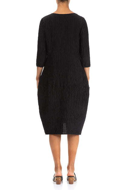 Balloon Crinkled Black Silk Linen Dress 2