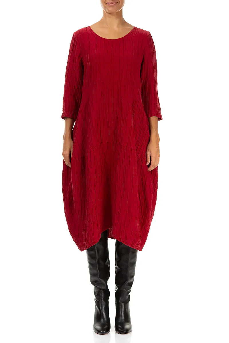 Balloon Crinkled Cherry Red Silk Linen Dress 1