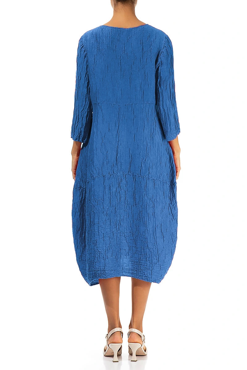 Balloon Crinkled Cobalt Blue Silk Linen Dress
