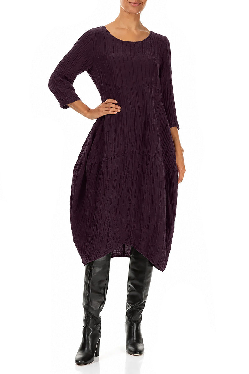 Balloon Crinkled Deep Plum Silk Linen Dress 4