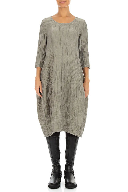 Robe ballon en Soie et Lin Froissé gris olive