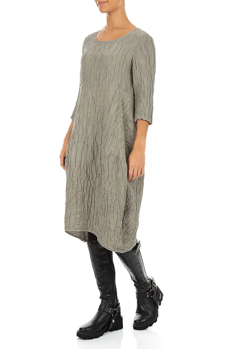 Robe ballon en Soie et Lin Froissé gris olive
