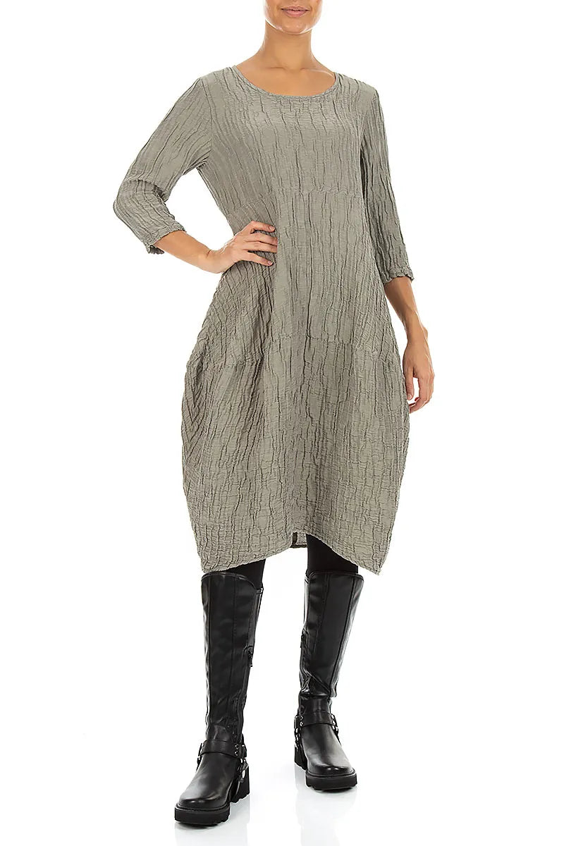 Robe ballon en Soie et Lin Froissé gris olive