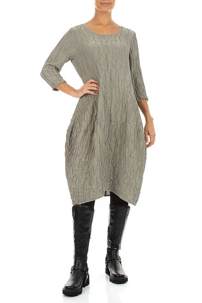 Robe ballon en Soie et Lin Froissé gris olive