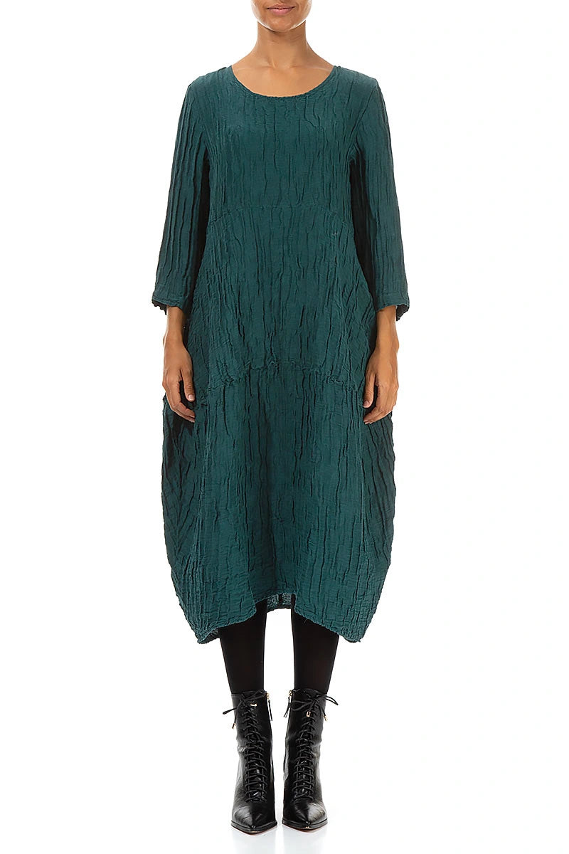 Balloon Crinkled Peacock Silk Linen Dress 1
