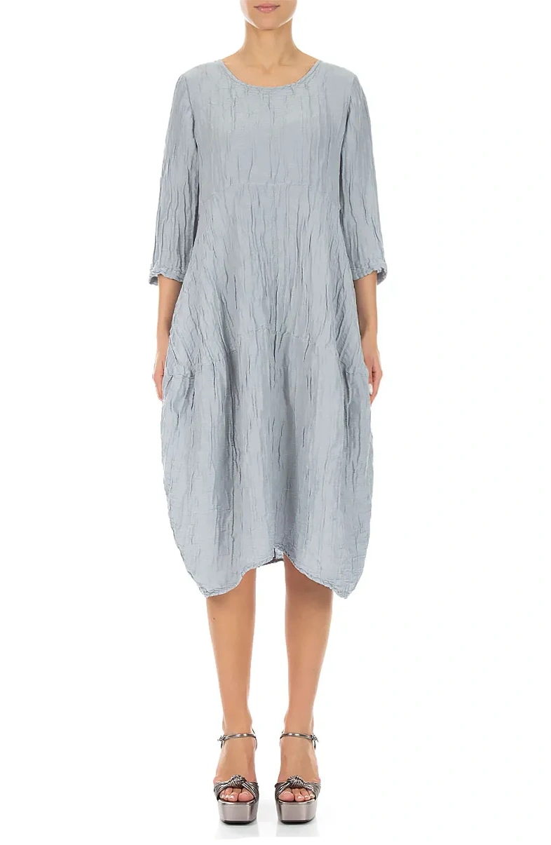 Balloon Crinkled Silver Grey Silk Linen Dress