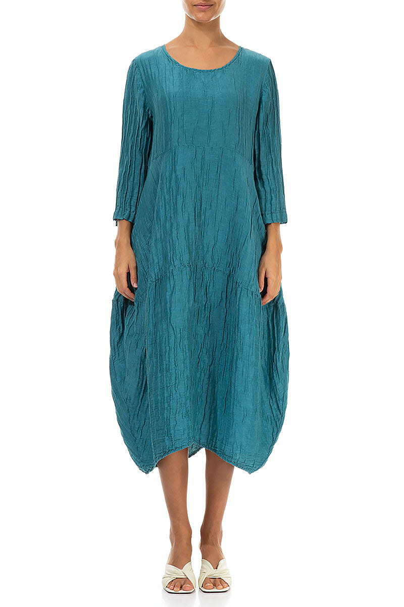Balloon Crinkled Turquoise Silk Linen Dress 1