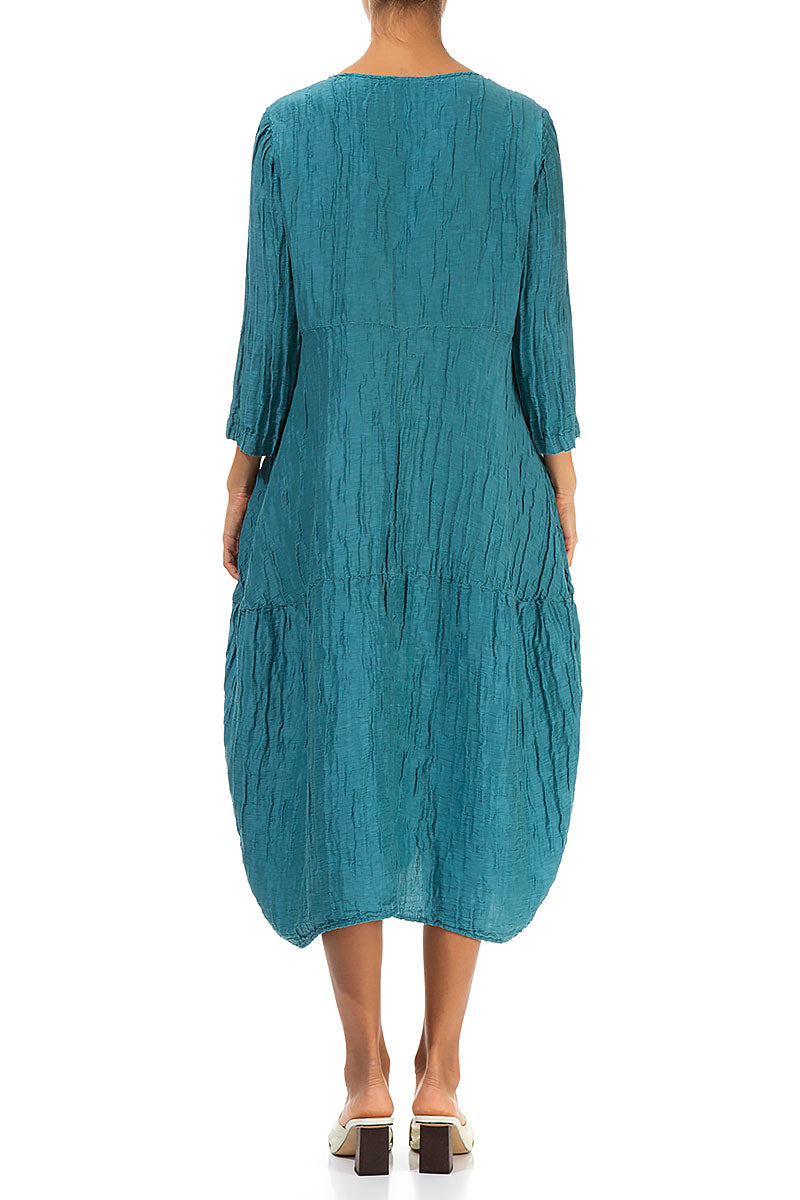 Balloon Crinkled Turquoise Silk Linen Dress 2
