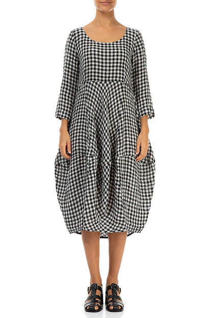 Balloon Cropped Sleeves Black &amp; White Check Linen Dress 1