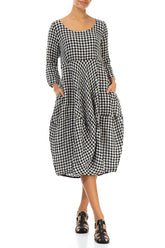 Balloon Cropped Sleeves Black & White Check Linen Dress 4