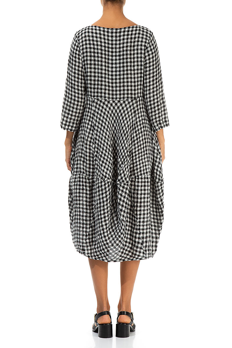 Balloon Cropped Sleeves Black &amp; White Check Linen Dress 2