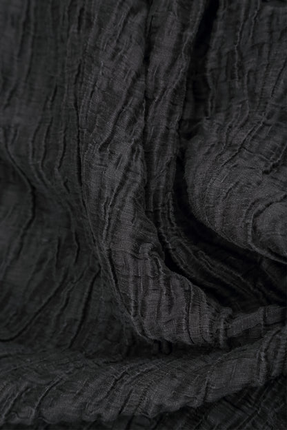 Balloon Cropped Sleeves Crinkled Charcoal Silk Linen Dress