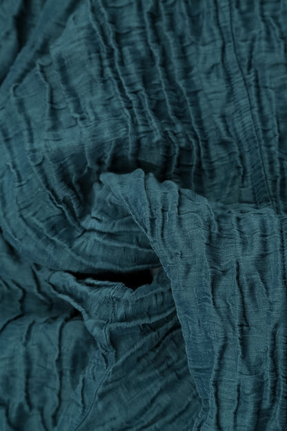 Balloon Cropped Sleeves Crinkled Deep Turquoise Silk Linen Dress 5
