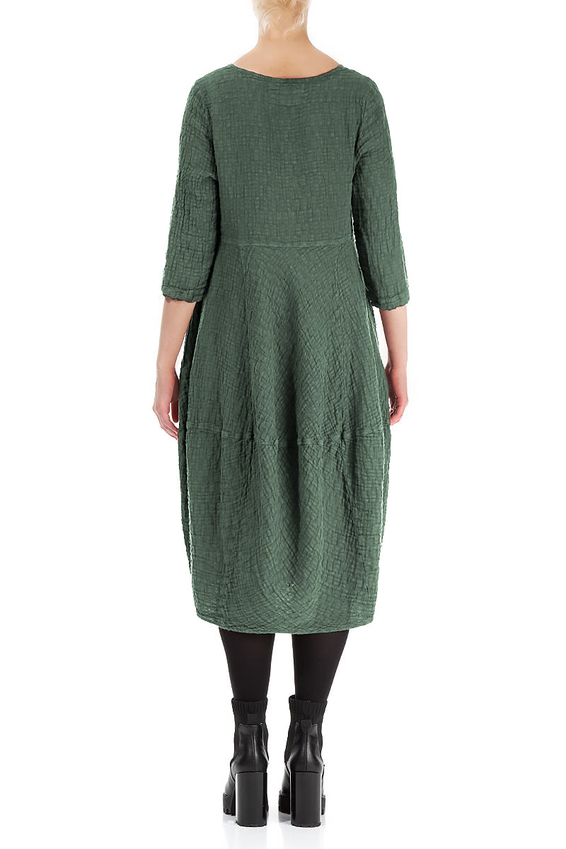 Balloon Cropped Sleeves Dark Sage Textured Linen Dress 2